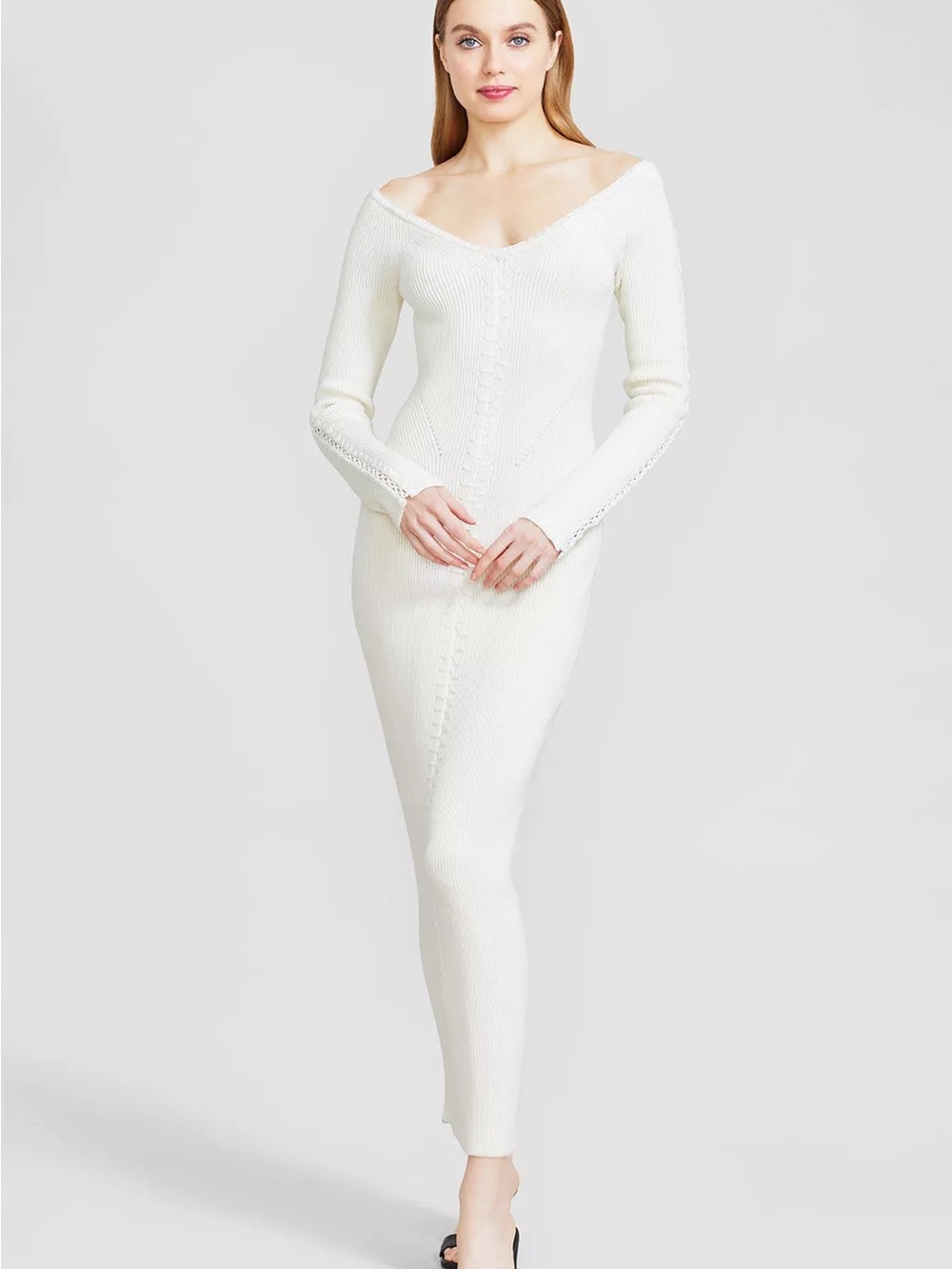 LELA ROSE Wide-Shoulder Cream and White Knit Midi Dress with Stitching Details